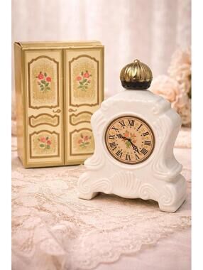 Avon 1970s Leisure Hours Brocade Foaming Bath Oil Clock Bottle With Box, 4x5.5”